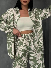 Palm Leaf Printed Elastic Waist Wide Leg Pants