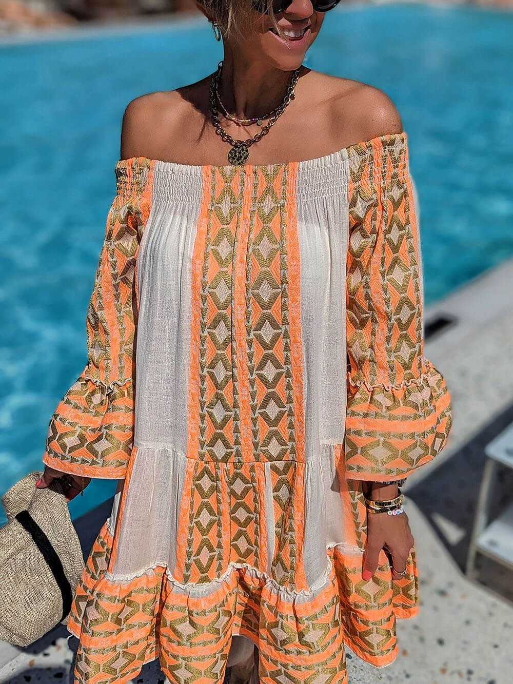 Linen Blend Ethnic Print Off Shoulder Loose Mini Dress