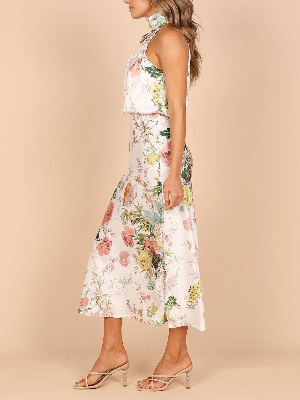 Floral Halter Neck Elastic Waist Maxi Dress