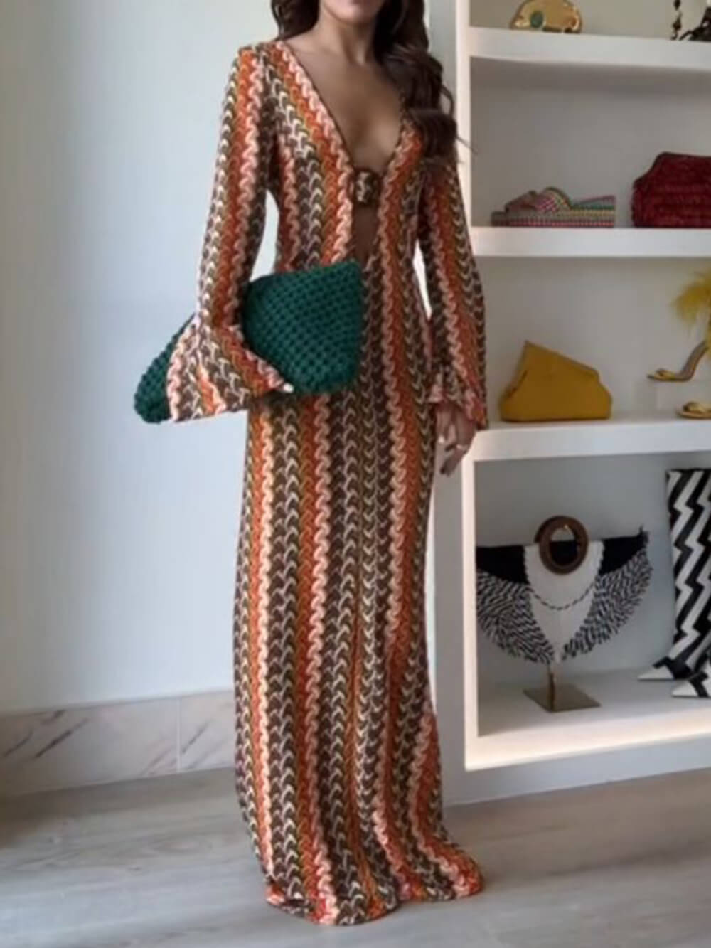 Orange Soda Stripe Print O-Ring Long Sleeve Beach Maxi Dress