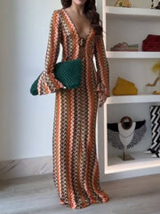 Orange Soda Stripe Print O-Ring Long Sleeve Beach Maxi Dress