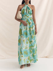 Elegant Versatile Halter Neck Printed Pleated Maxi Dress