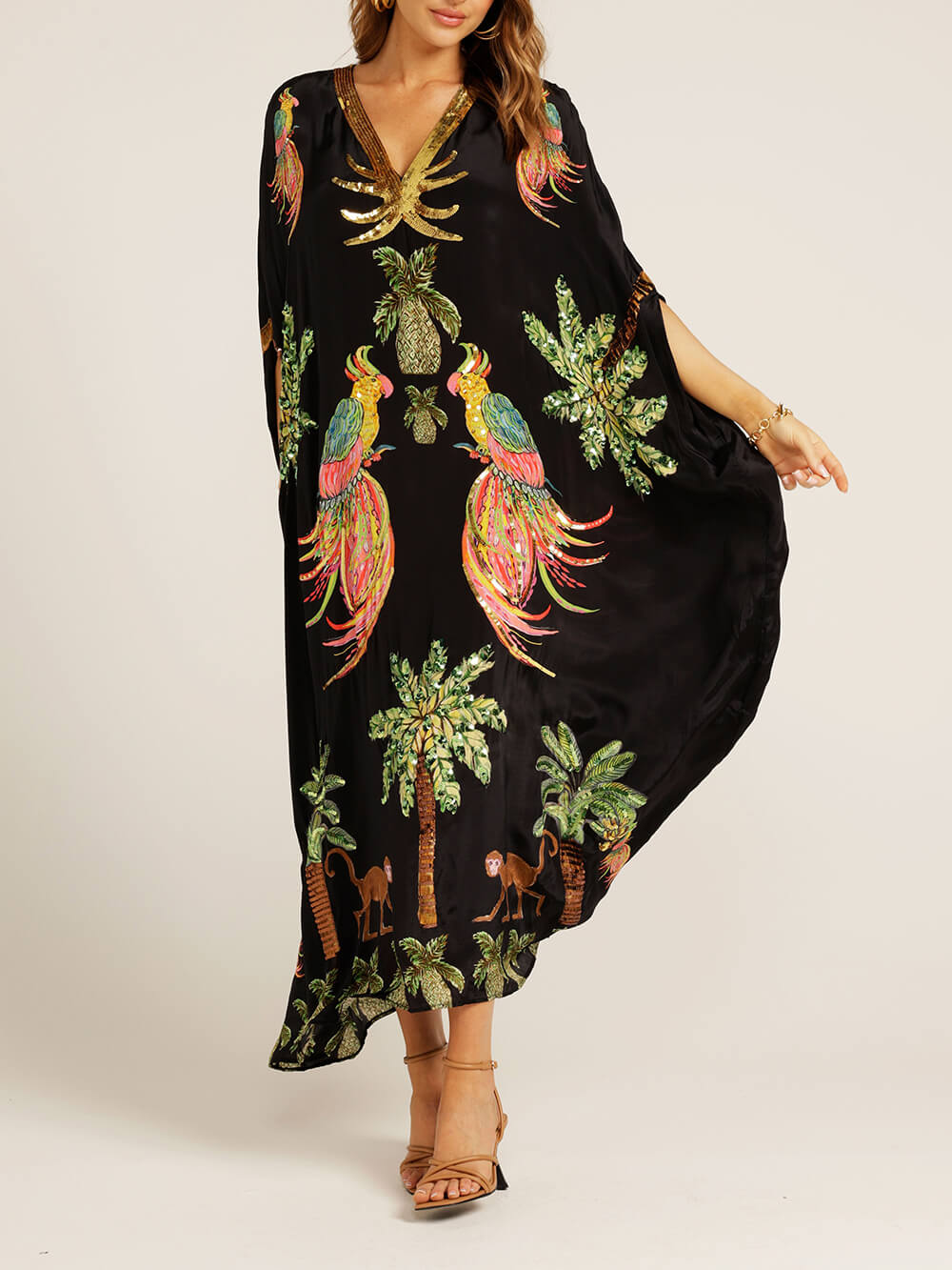 Unique Drop Shoulder Sleeve Coconut Tree Printed Dress