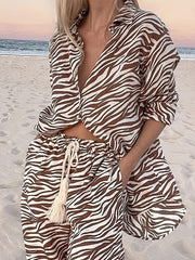 Button Open Collar Loose Zebra Print Shirt