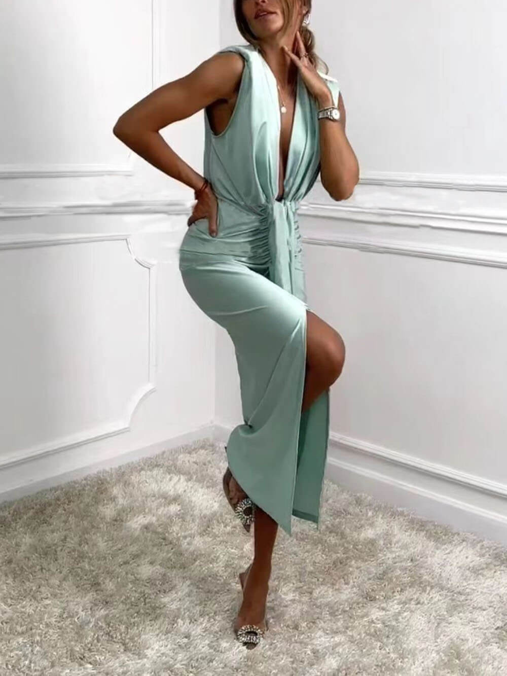 Classic V-Neck Ruched Drape Slit Midi Dress