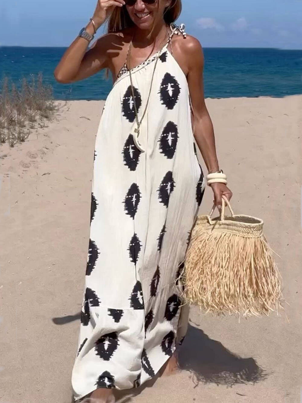 Sunshine Ethnic Print One Shoulder Loose Maxi Dress