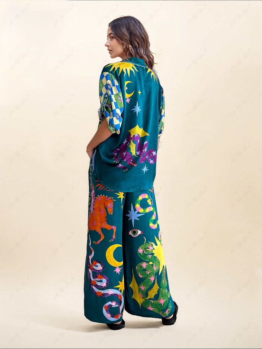 Unique Print Elastic Waist Pocketed Wide Leg Pants Set