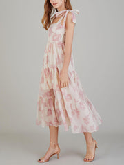 Unique Retro Sunshine Floral Print Lace-up Midi Dress