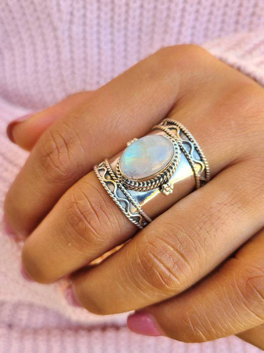 Boho Moon Light Stone Water Wave Ring