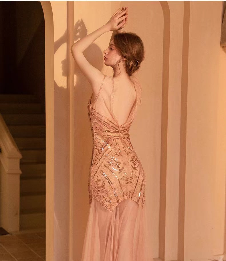 1920s Gatsby Sequin Tulle Sleeveless Bodycon Maxi Evening Dress - Champagne