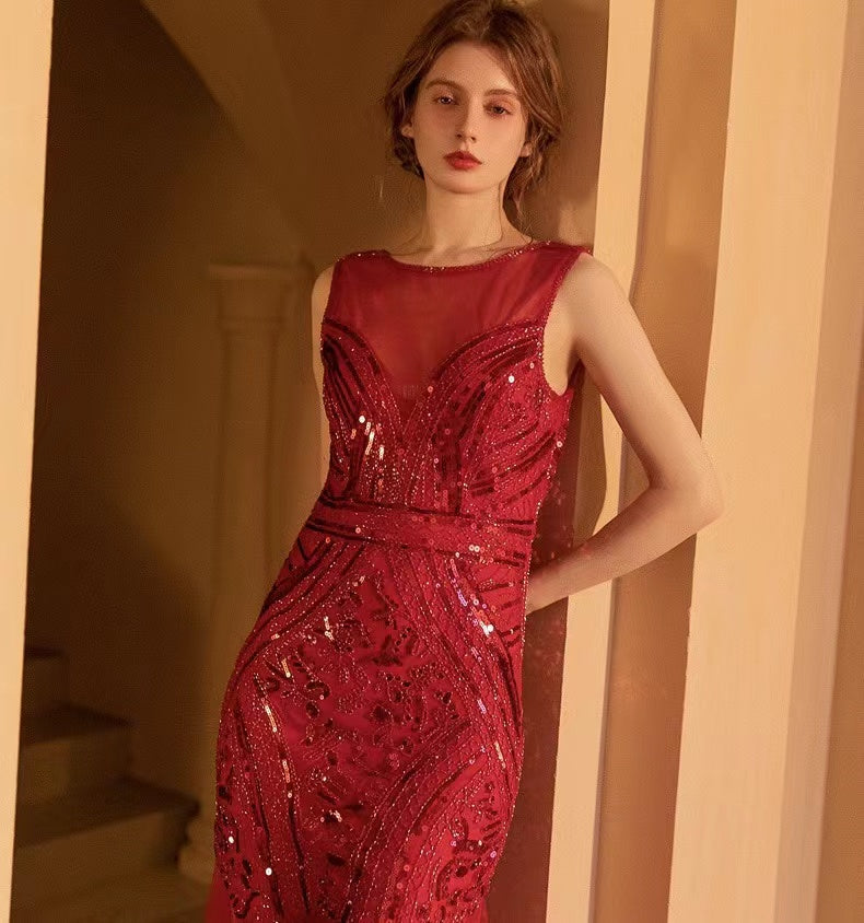 1920s Gatsby Sequin Tulle Sleeveless Bodycon Maxi Evening Dress - Red