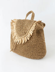 Caramel Fringed Trim Woven Straw Backpack