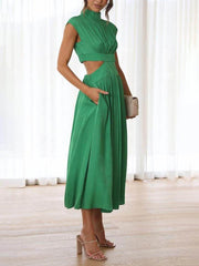 Cutout Waist Pocketed Vacation Midi Dress