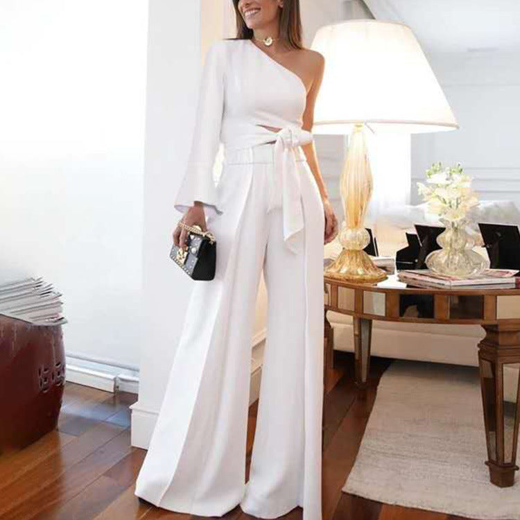 Lapel Flare Long Sleeve Belted Jumpsuit