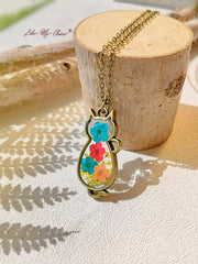 Vintage Cat Dry Flower Hippie Necklace