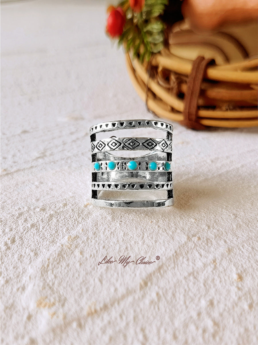 Vintage Engraved Hollow Turquoise Boho Ring