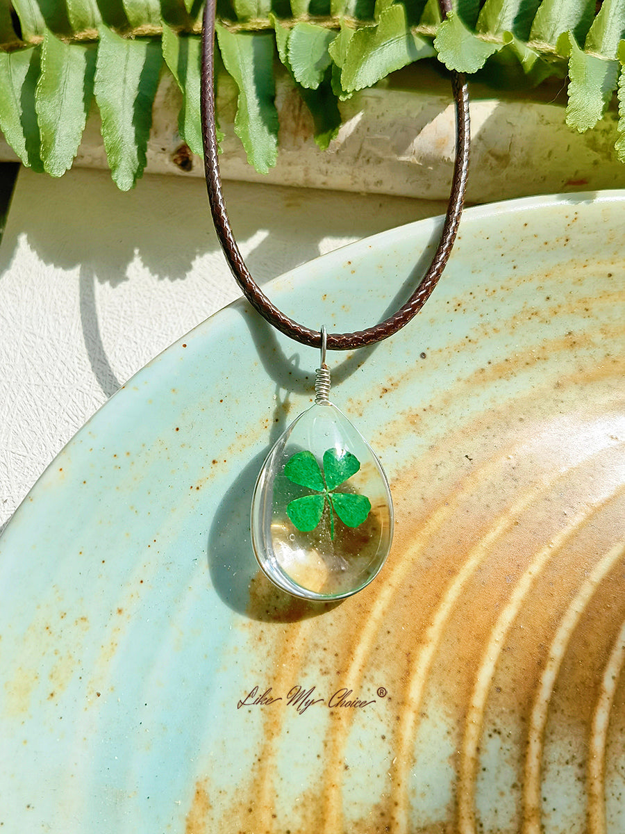 Preserved Flower Necklace Double Sided Dandelion Clover Pendant