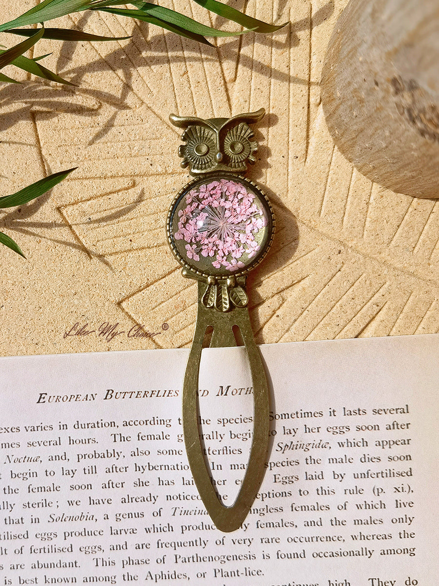 Queen Anne Lace Floral Owl Bronze Bookmark