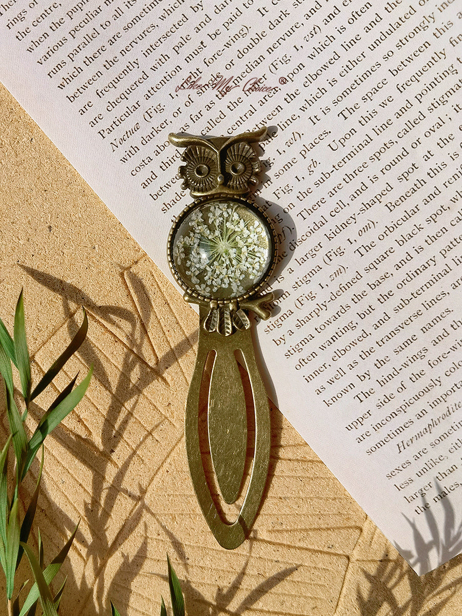 Queen Anne Lace Floral Owl Bronze Bookmark