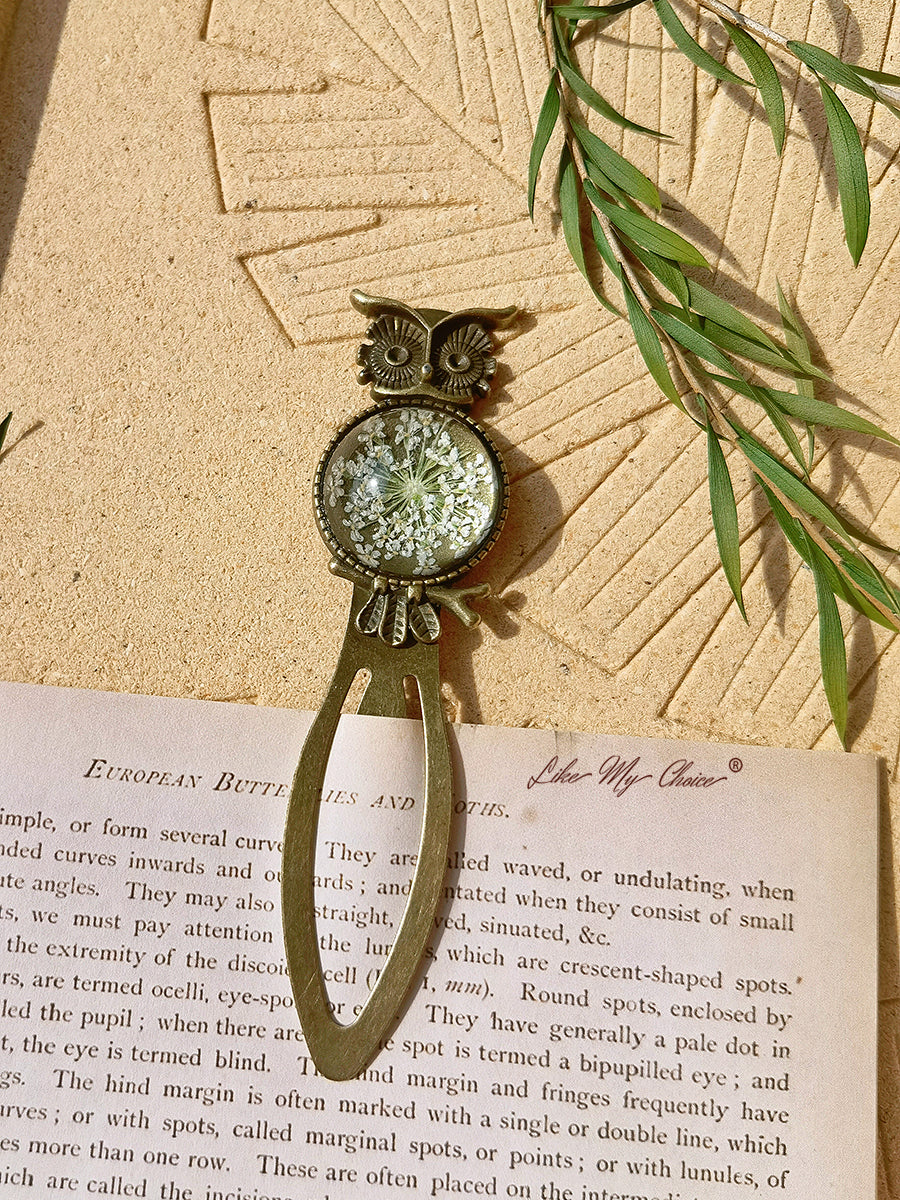 Queen Anne Lace Floral Owl Bronze Bookmark