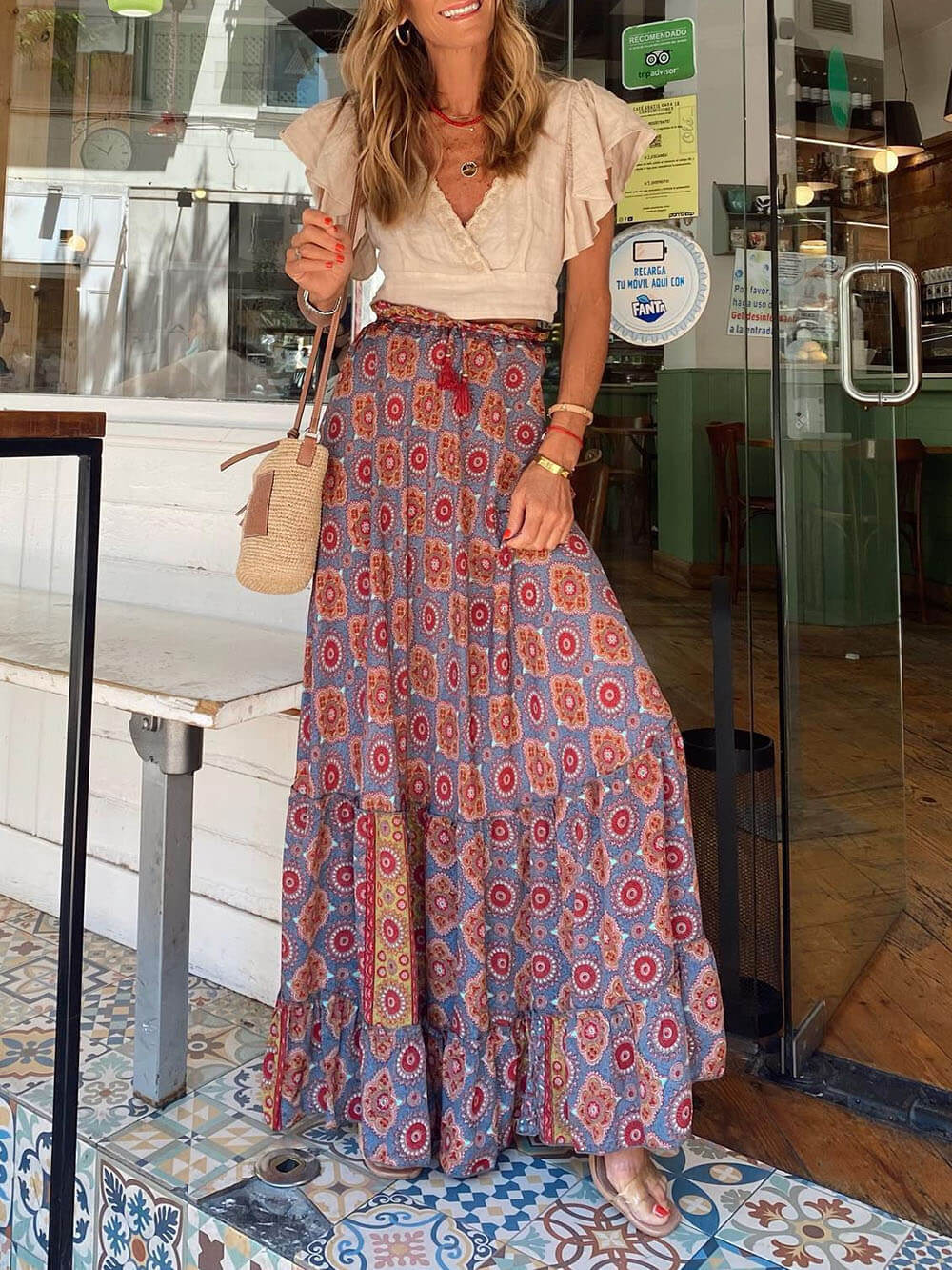 Bohemian Print Elastic Waist Tassel Maxi Skirt