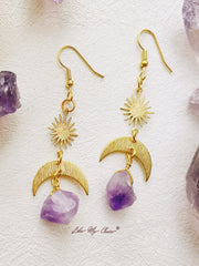 Bohemian Crescent Moon & Sun Crystal Earrings