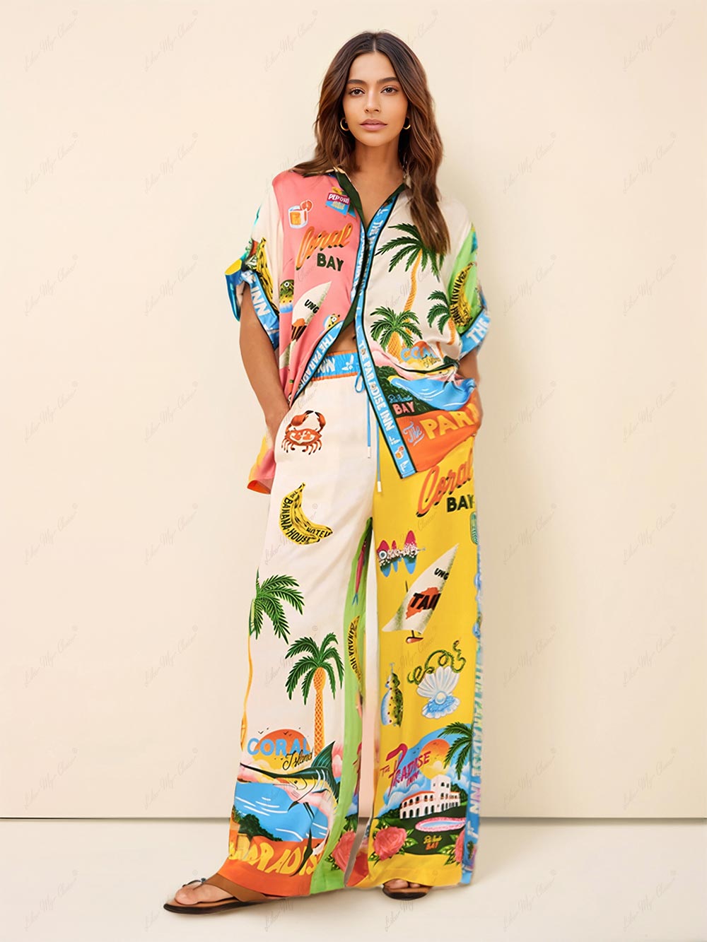 Sunny Beach Summer Style Printed Two Piece Set - Pants