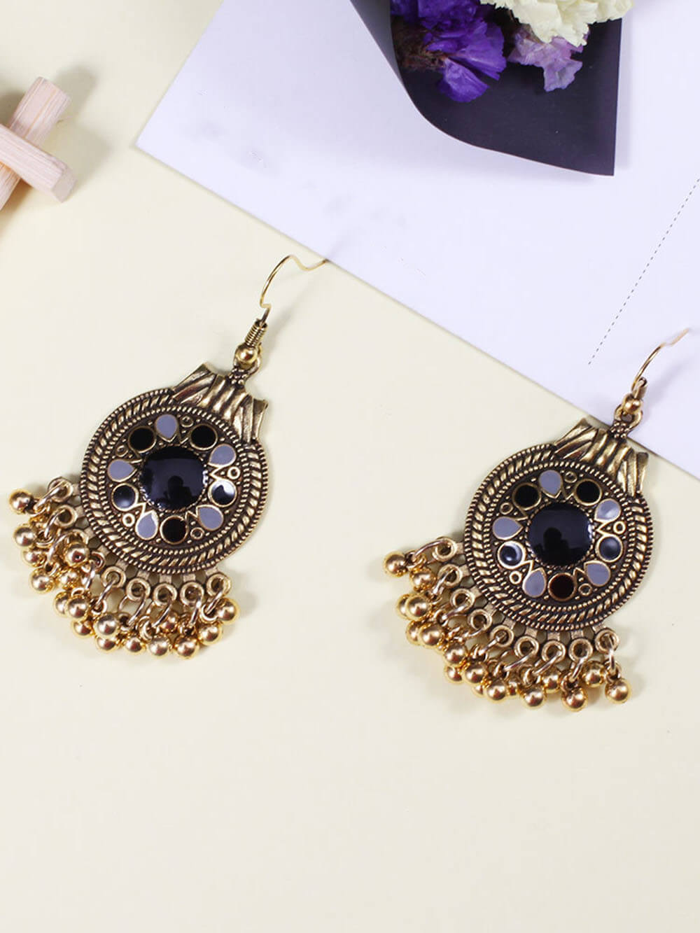 Retro Ethnic Style Disc Ball Tassel Earrings