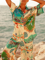 Unique Ocean Floral Print Shirt Trousers Two-Piece Set