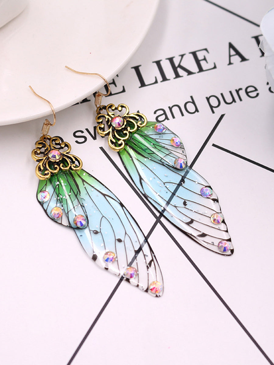 Butterfly Wing Green Rhinestone Cicada Wing Crystal Earrings