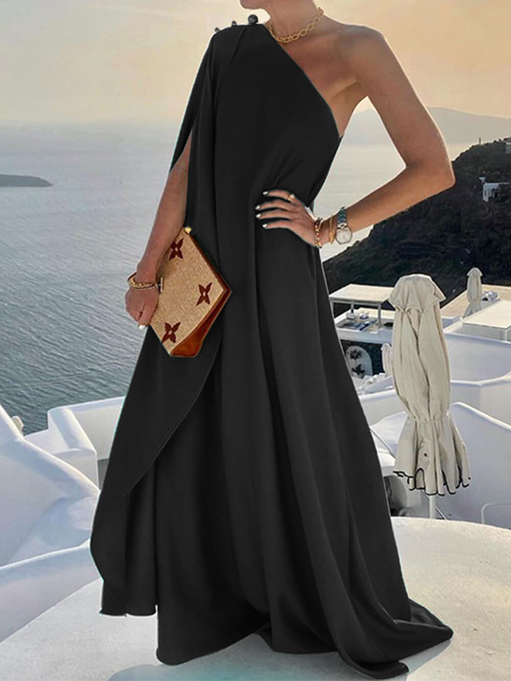 Solid Color Loose One Shoulder Maxi Dress