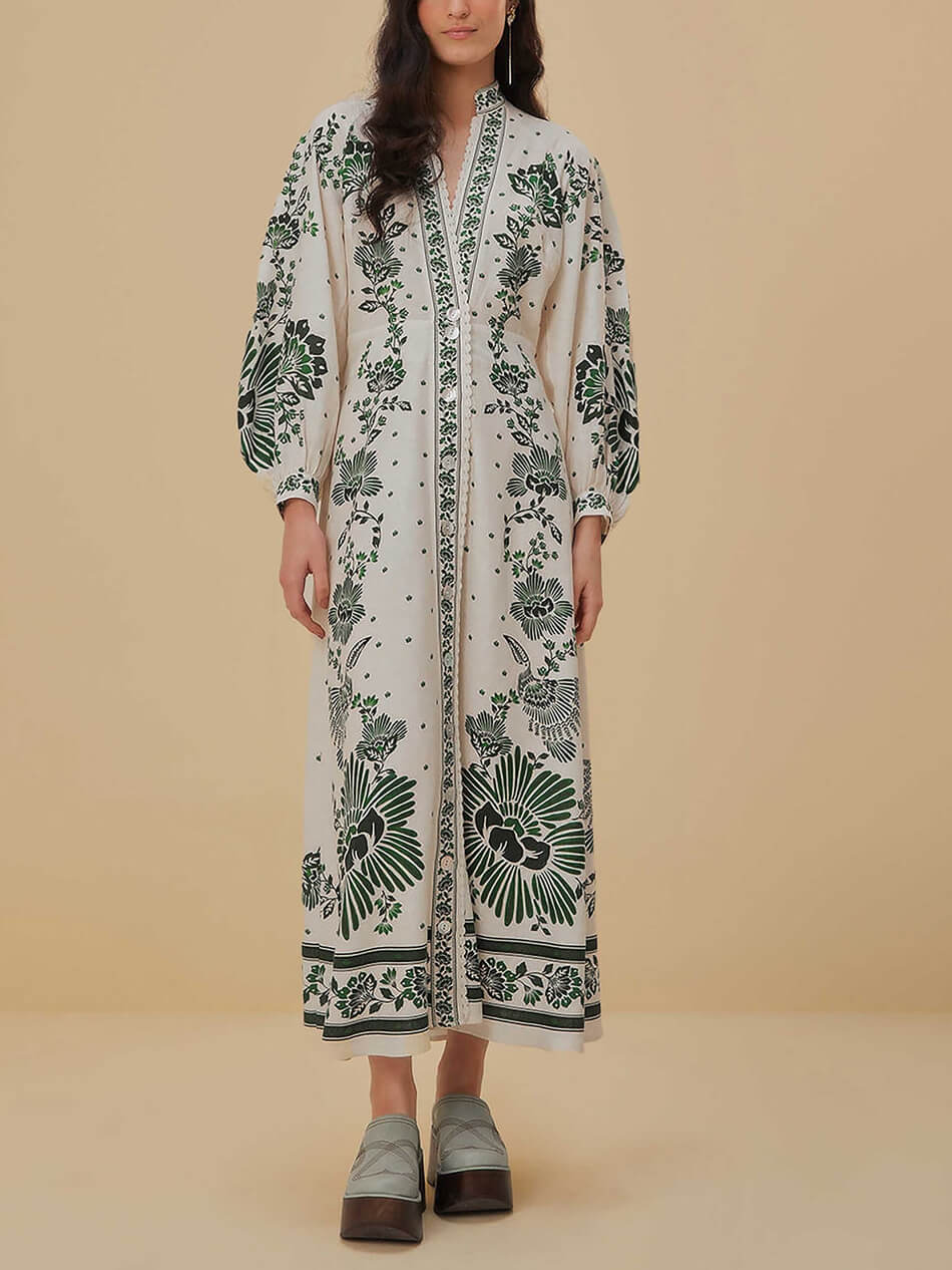 Vintage Floral Print Lantern Long Sleeve Midi Dress