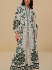 Vintage Floral Print Lantern Long Sleeve Midi Dress