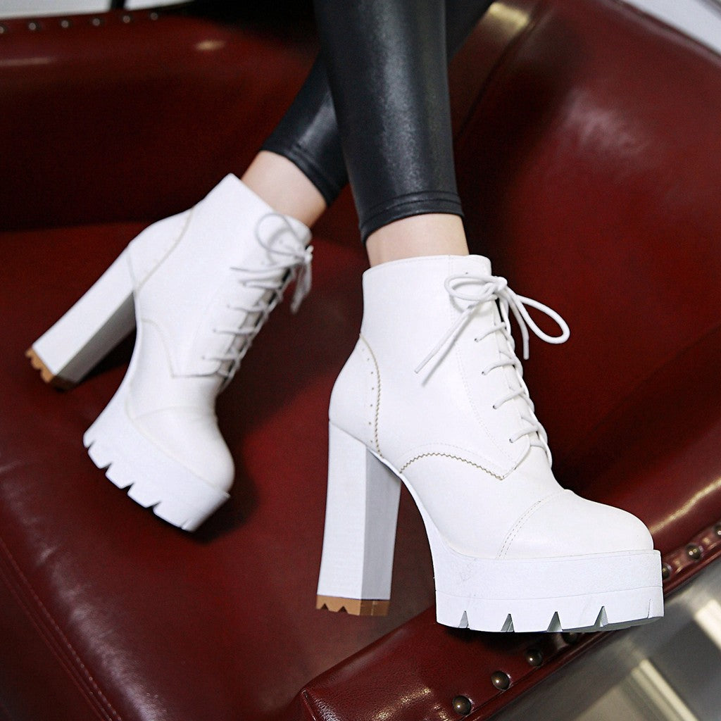 Lace Up Faux Leather Lug Booties