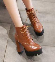 Lace Up Faux Leather Lug Booties