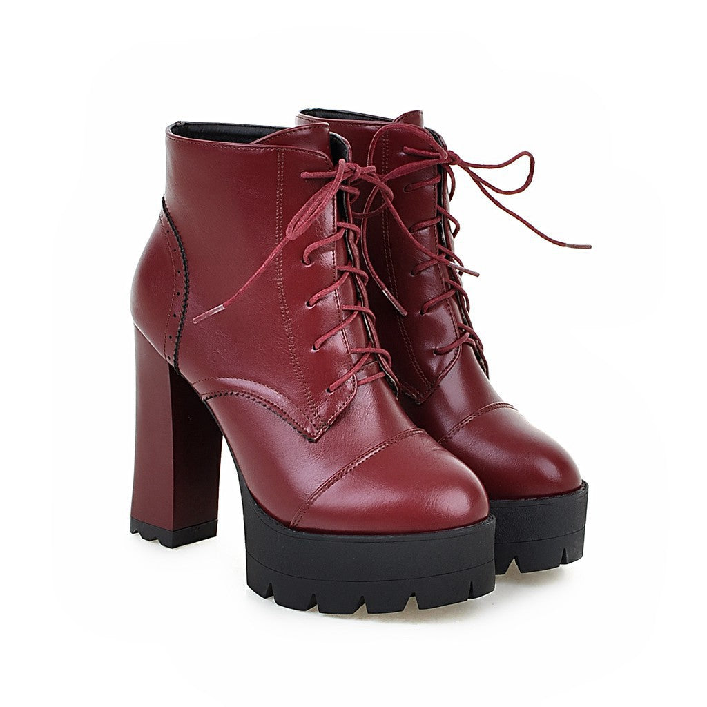 Lace Up Faux Leather Lug Booties