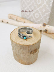 Turquoise Band Feather Boho Silver Ring