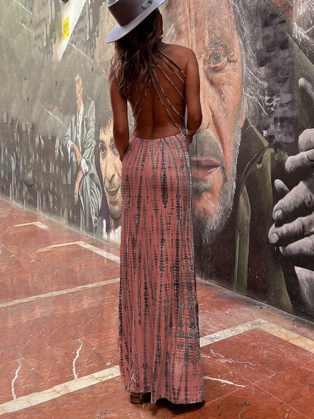 Tie-dye Print Back Lace-up Stretch Maxi Dress