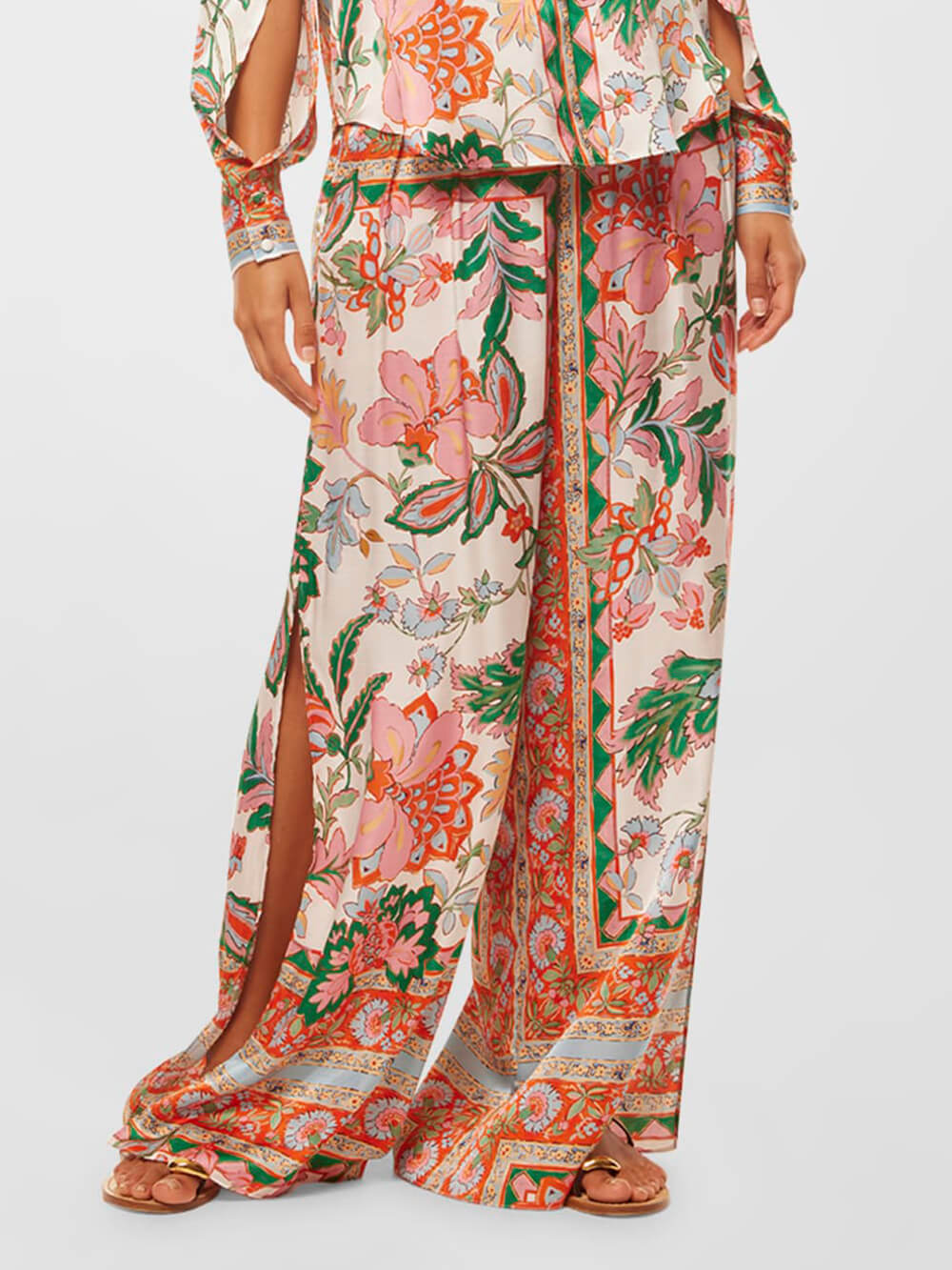 Unique Flower Print Slit Cuffs Wide Leg Pants