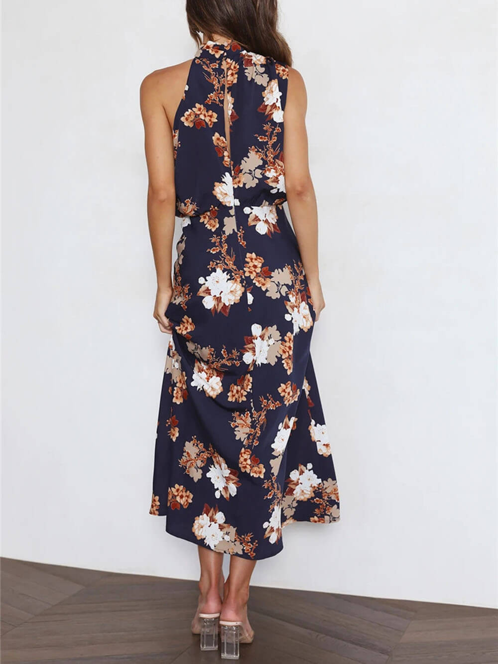 Floral Halter Neck Elastic Waist Maxi Dress