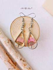 Pink Daisy Gold Foil Drop Earrings