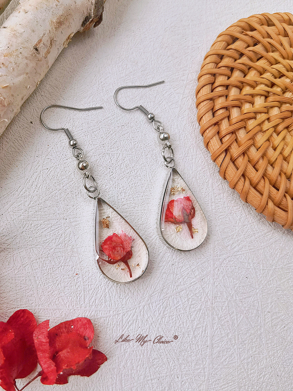 Red Rose Dried Flower Drop Earrings