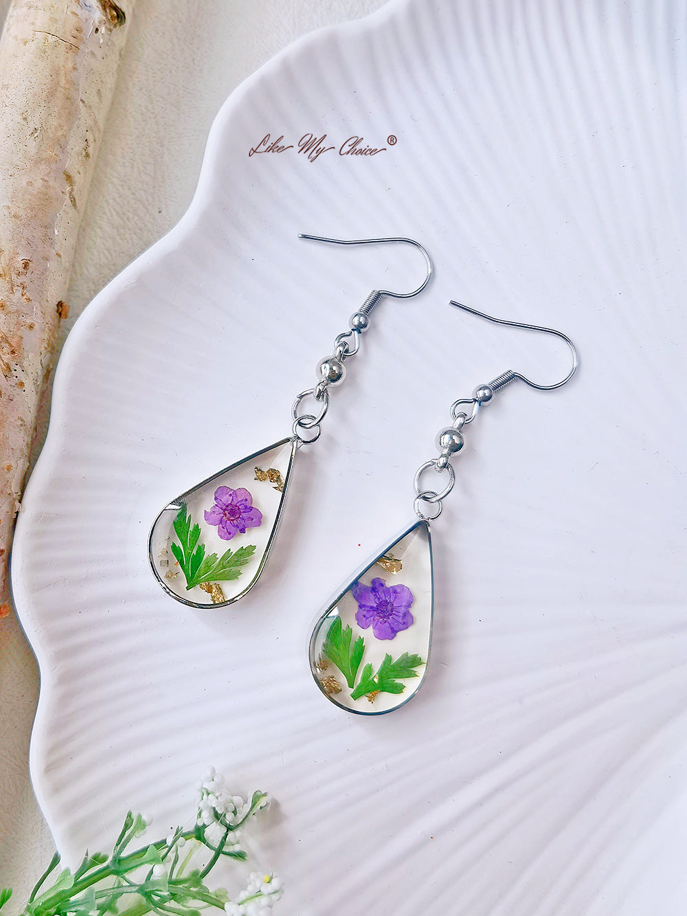 Purple Forget-me-not Gold Leaf Earrings