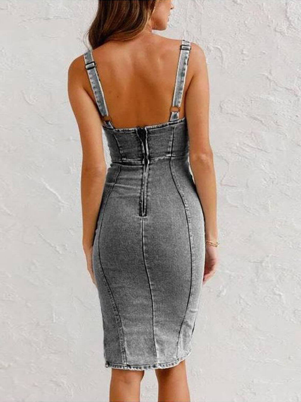 This Seasons Staple Denim Adjustable Straps Zip-up Firm Stretch Midi Dress