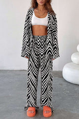 Zebra-stripe Print Notched Lapel Pocket Shirt And High Waist Pants Set