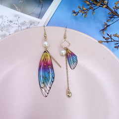 Butterfly Wing Rainbow Gold Foil Cicada Wing Tassel Earrings