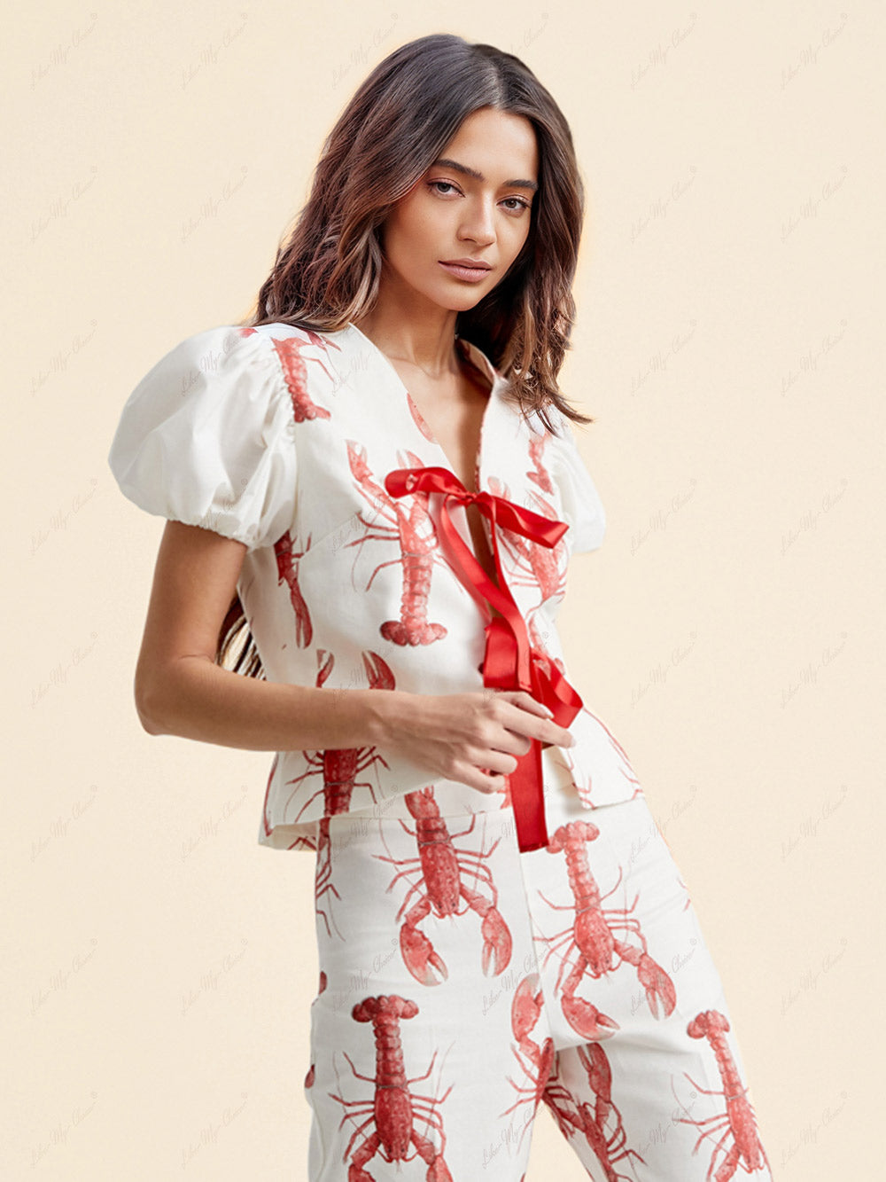 Lobster Print Short Puffed Sleeves Blouse