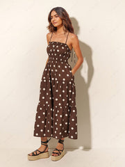 Chocolate And Ivory Polka Dot Print Pleated Elastic Strap Dress