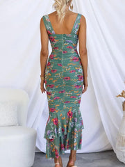 Sweetheart Neck Strap Printed Pleated Mesh Maxi Dress