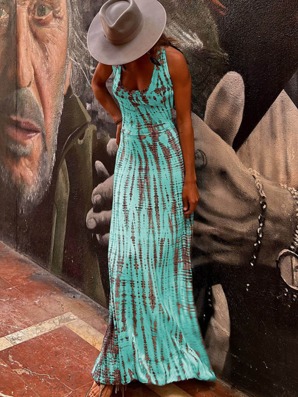 Tie-dye Print Back Lace-up Stretch Maxi Dress